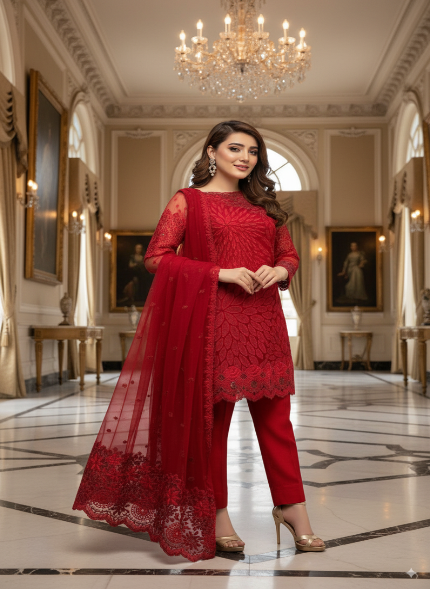 Heavy Embroidered 3-Piece Suit with Dhanak Emb Shawl