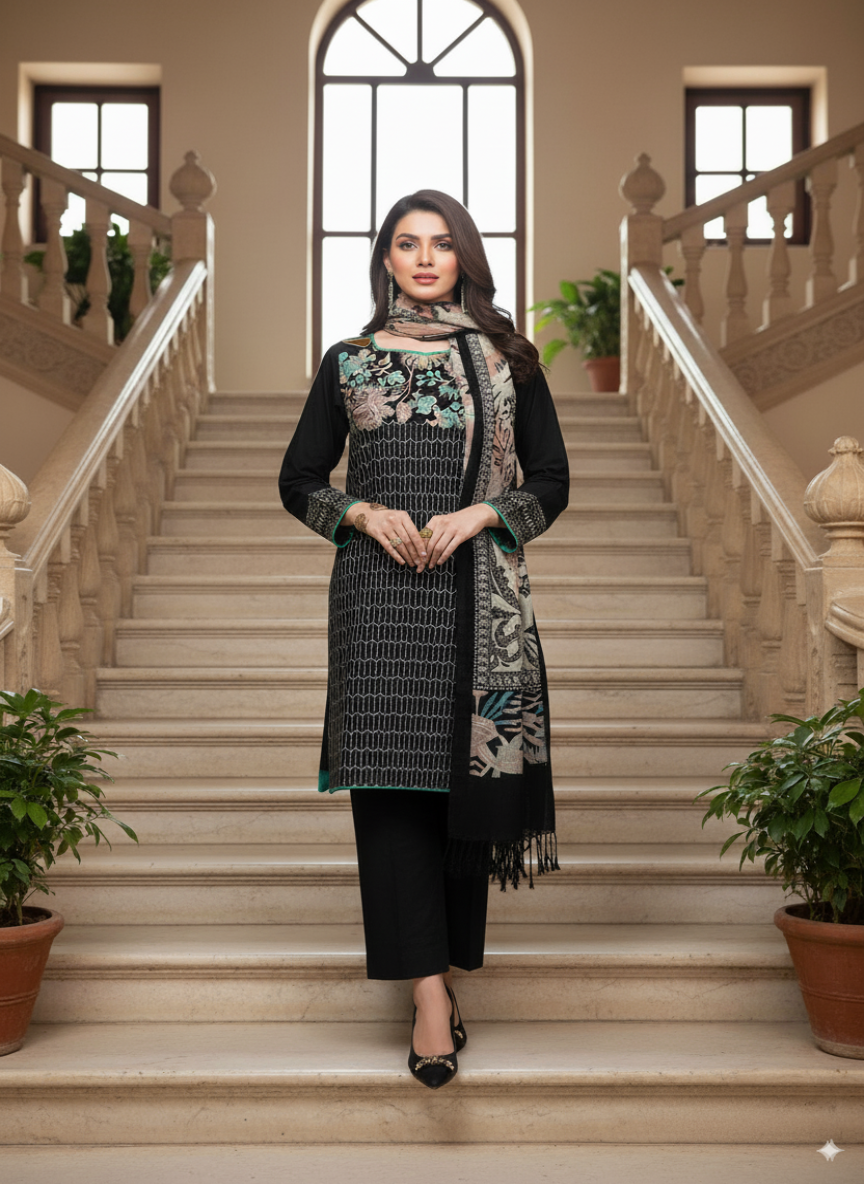 3-Piece Embroidered Suit with Pashmina Wool Shawl