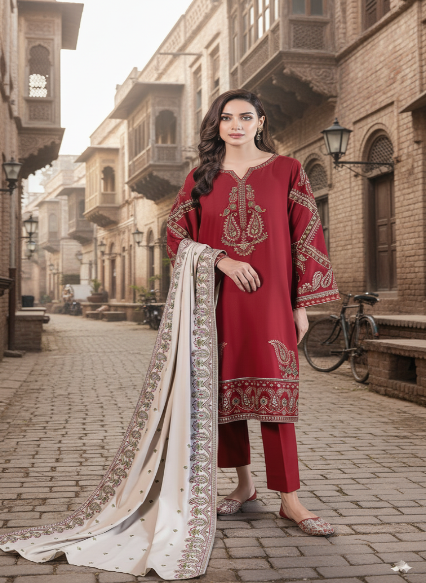 3-Piece Embroidered Suit with Heavy Dhanak Shawl