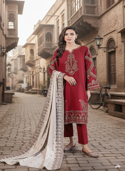 3-Piece Embroidered Suit with Heavy Dhanak Shawl