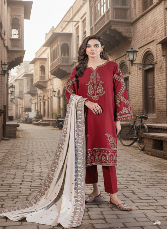 3-Piece Embroidered Suit with Heavy Dhanak Shawl