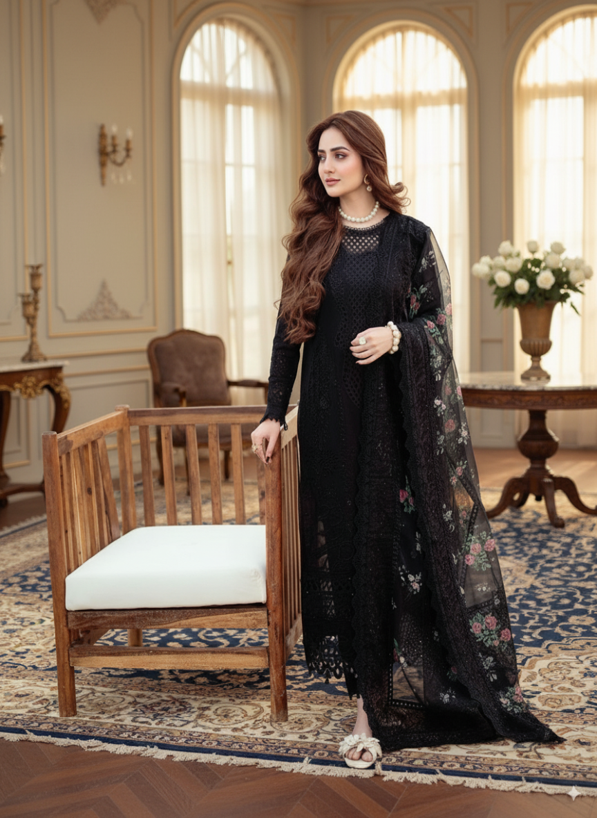 3-Piece Embroidered Suit with Pashmina Printed Shawl