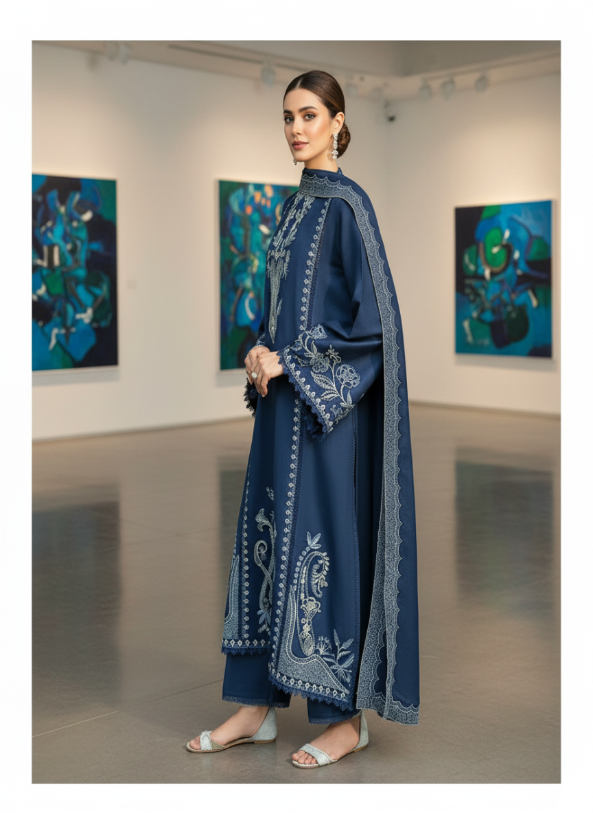 3-Piece Embroidered Suit with Heavy Dhanak Shawl