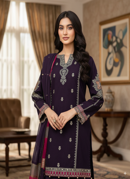 Maria B Dhanak Collection – Luxury Embroidered 3-Piece Suit with Wool Shawl