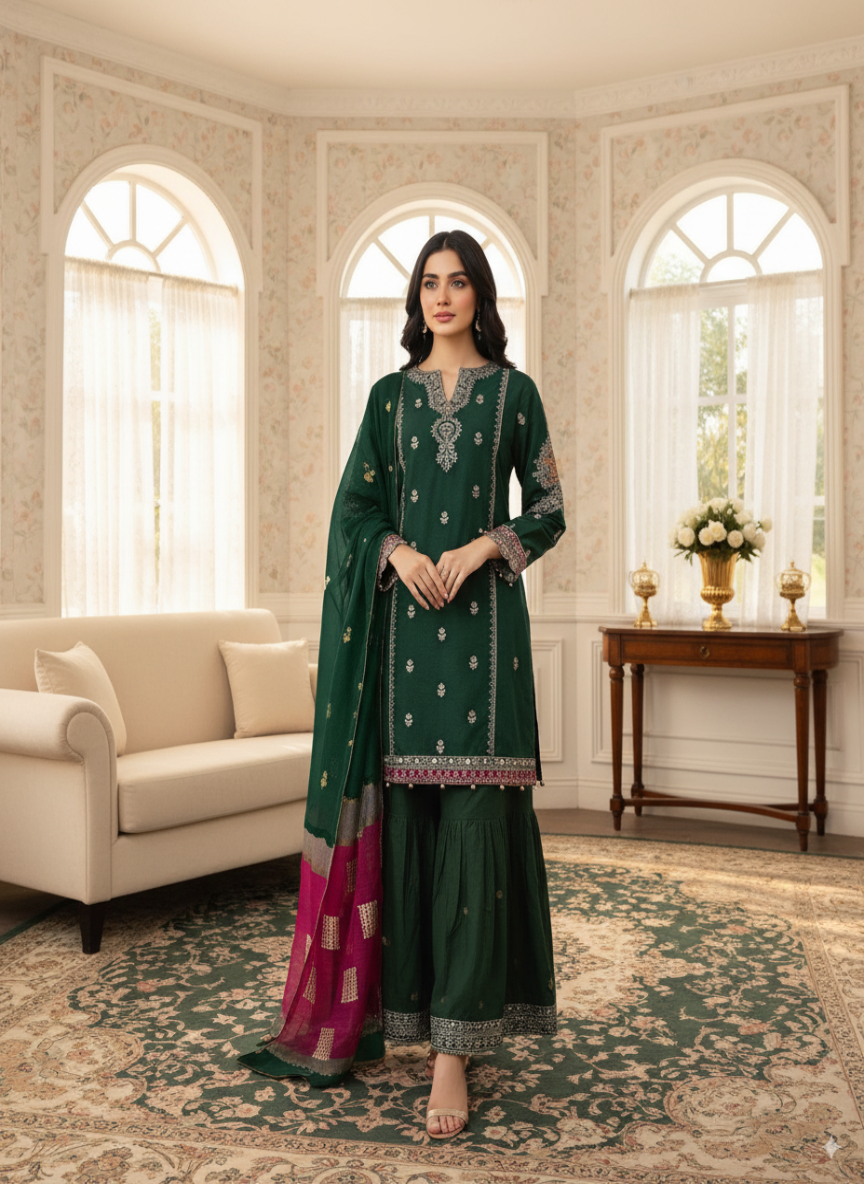 Maria B Dhanak Collection – Luxury Embroidered 3-Piece Suit with Wool Shawl