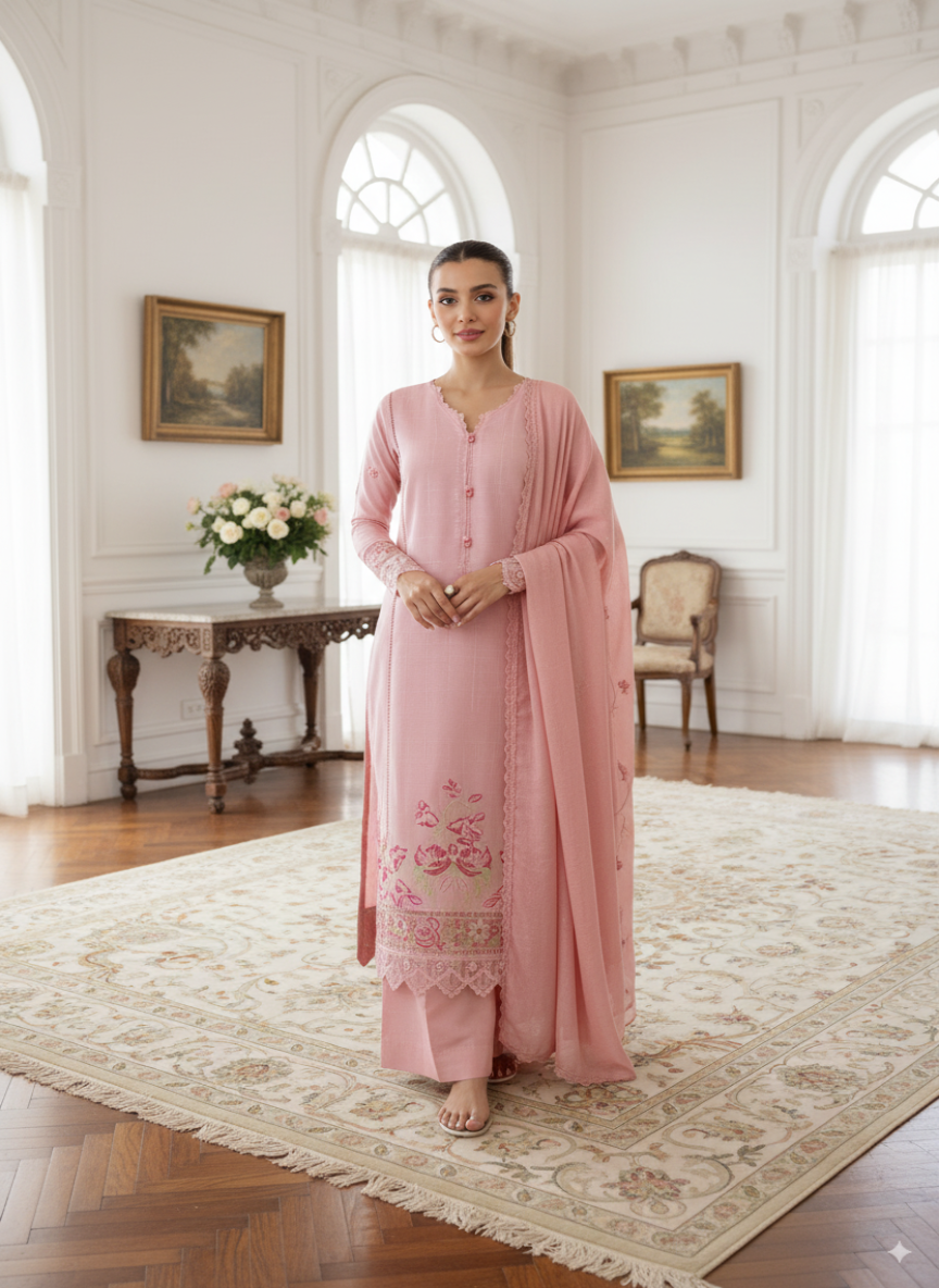Maria B Dhanak Collection – Luxury Embroidered 3-Piece Suit with Wool Shawl (Ready to Wear)