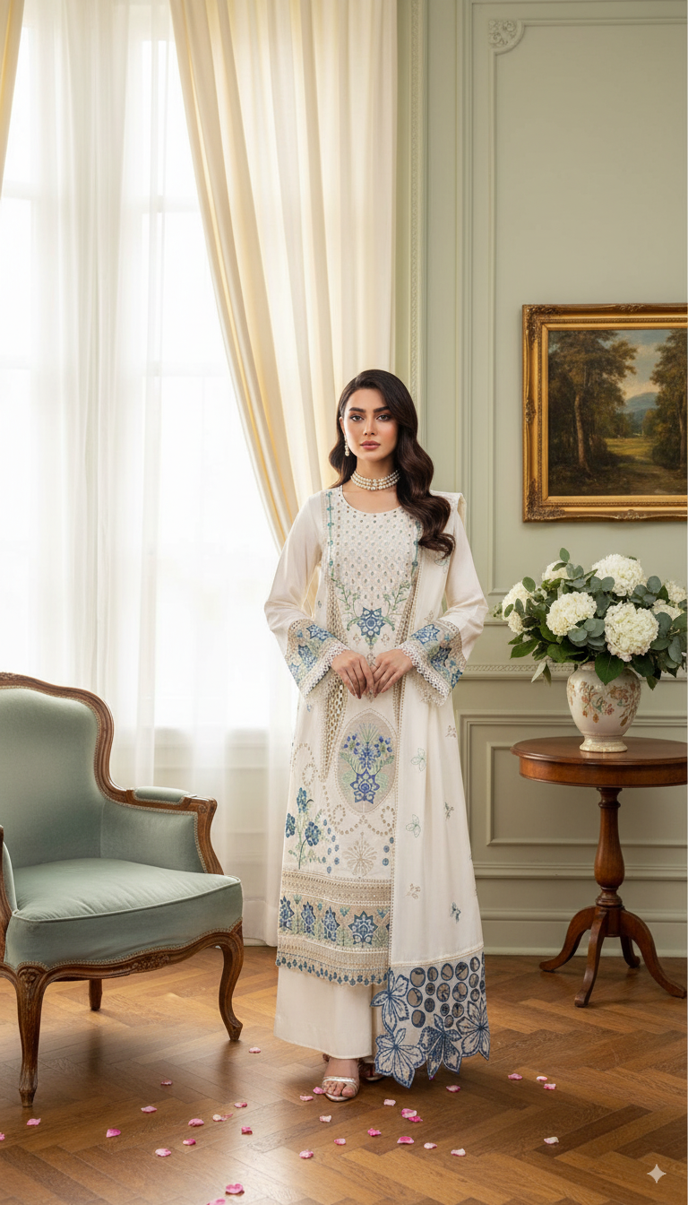 Dhanak 3 Piece Embroidered Suit with Heavy Shawl