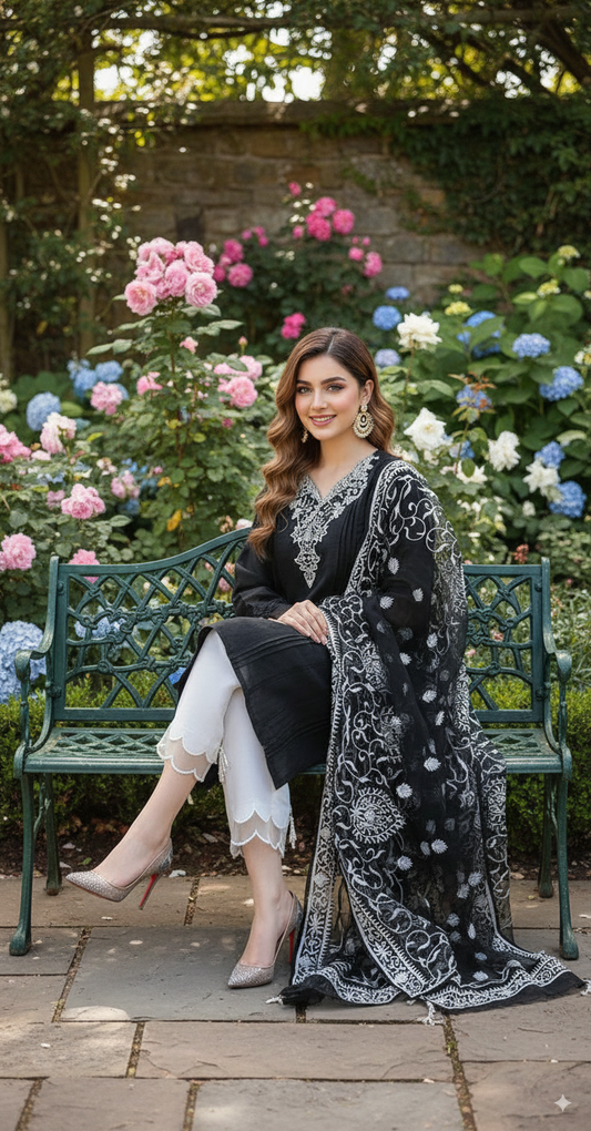 Linen 3 Piece Suit with Embroidered Organza Dupatta