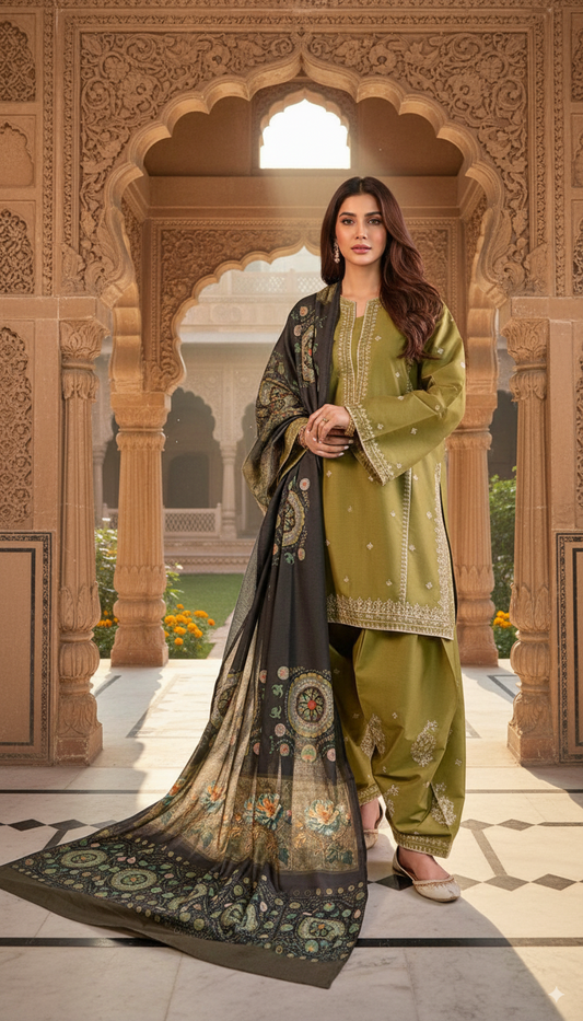 Dhanak 3 Piece Suit with Pashmina Wool Printed Shawl