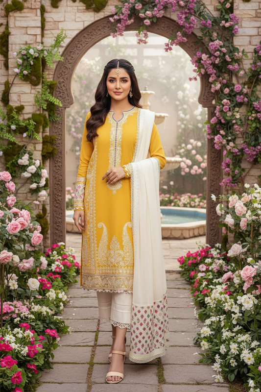 Dhanak 3 Piece Suit with Ready-to-Wear Embroidered Shawl