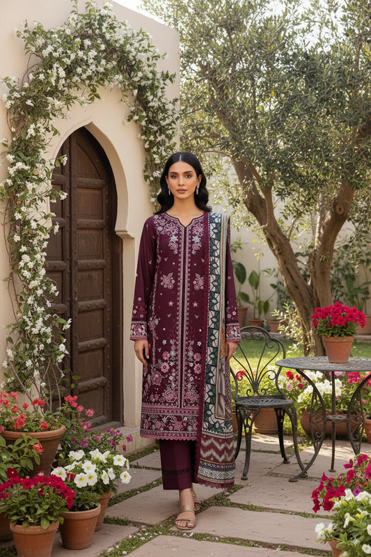 Luxury Embroidered 3-Piece Ensemble with Digital Print Wool Shawl & Dhanak Trouser
