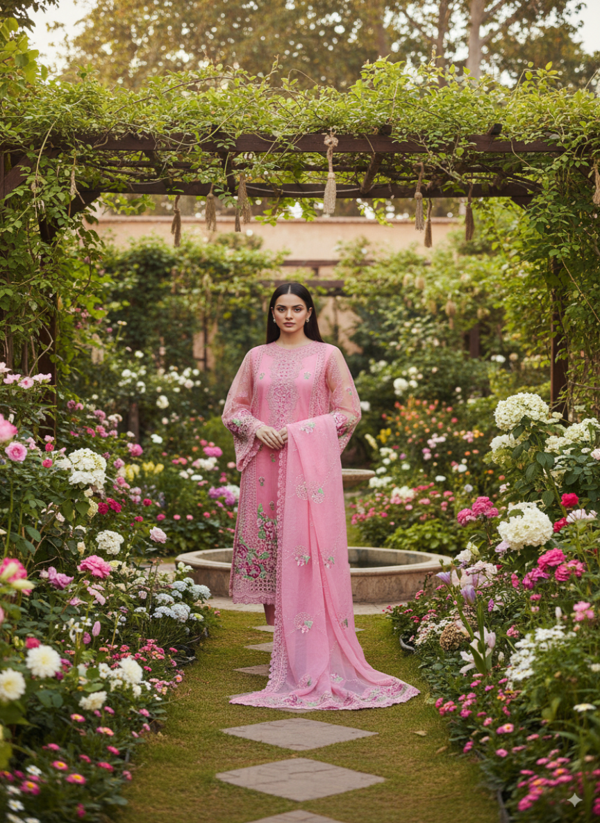 Organza Chikan Kari Embroidered Dress 