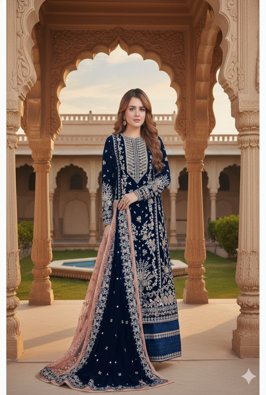 Luxury Micro Velvet Embroidered Suit with Chiffon Dupatta – Handworked Formal Wear