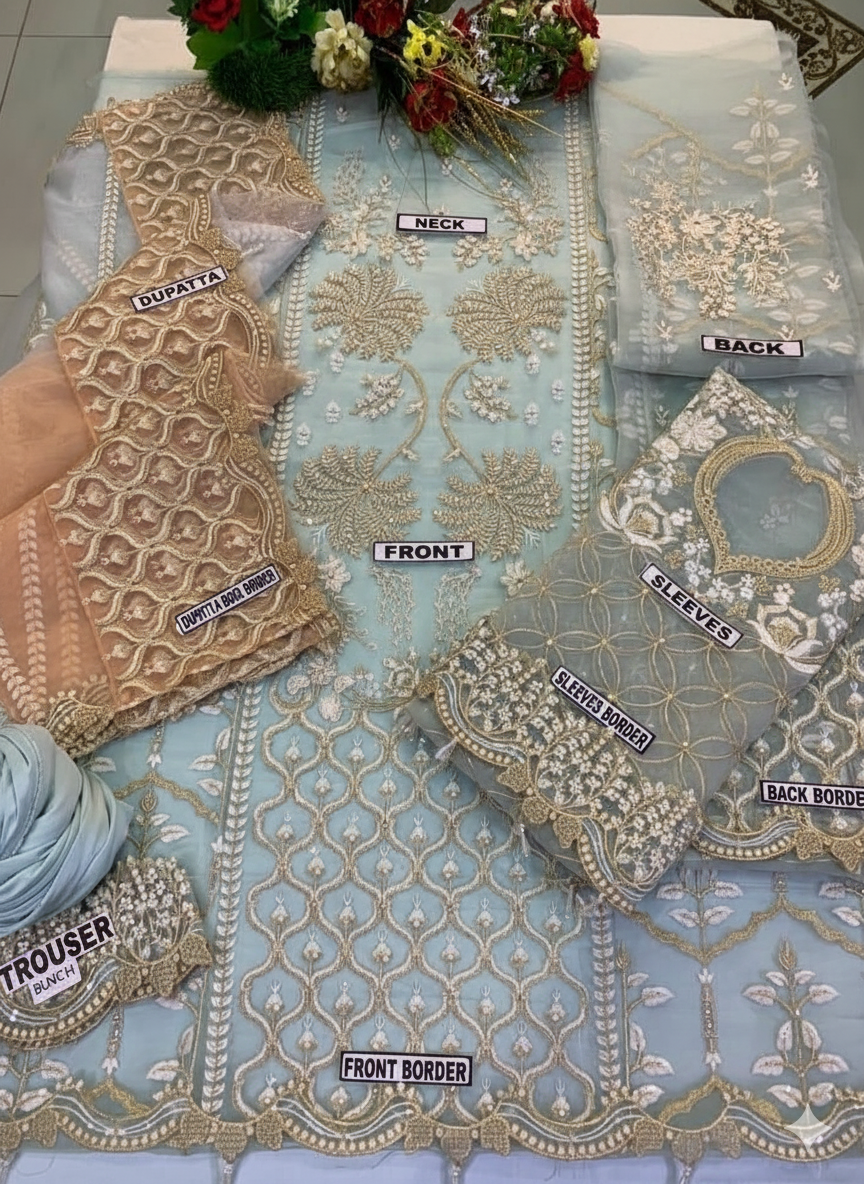 Luxury Organza Heavy Embroidered 3PC Suit with Handwork | Net Dupatta | Silk Trouser