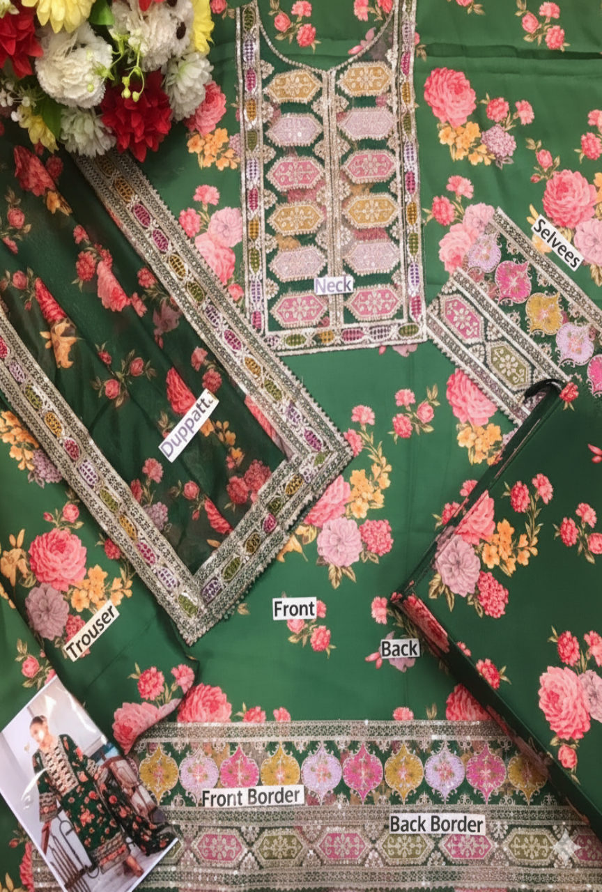 Most Hit 3-Piece Digital Shamoz Silk Suit | Heavy Embroidered Edition