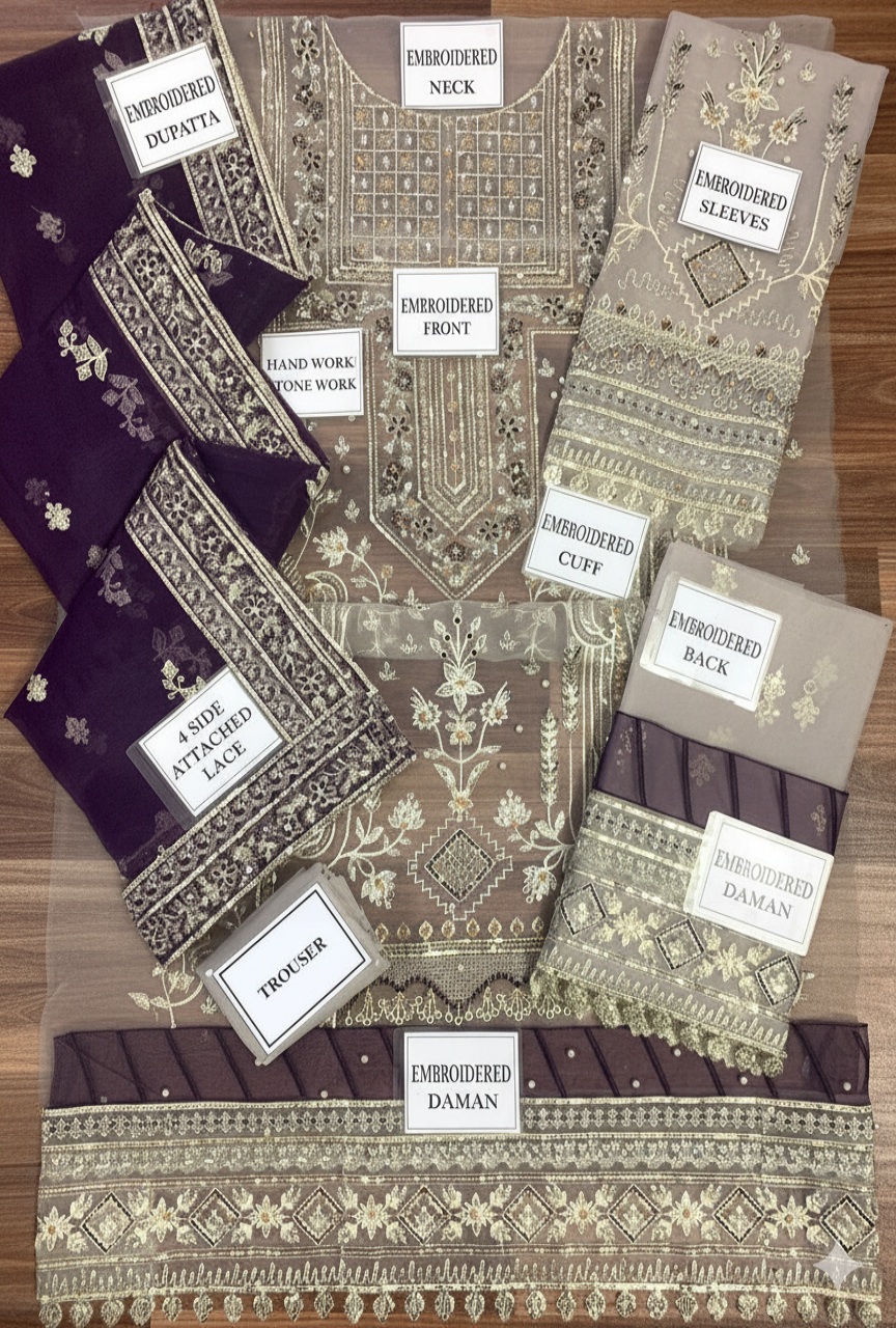 Organza Hand-Embellished Wedding Suit — Unstitched 3pc