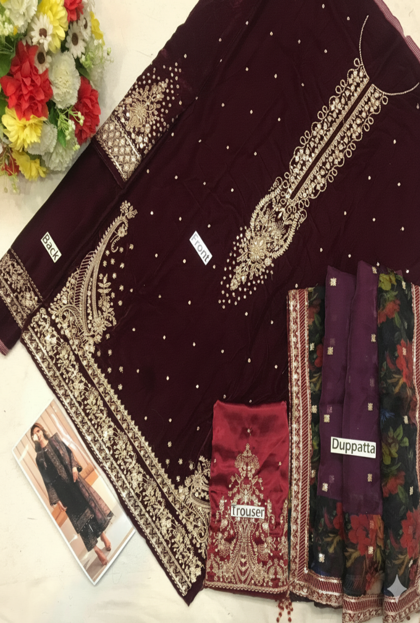 Women unstitched - 3PC Velvet Embroidered Suit