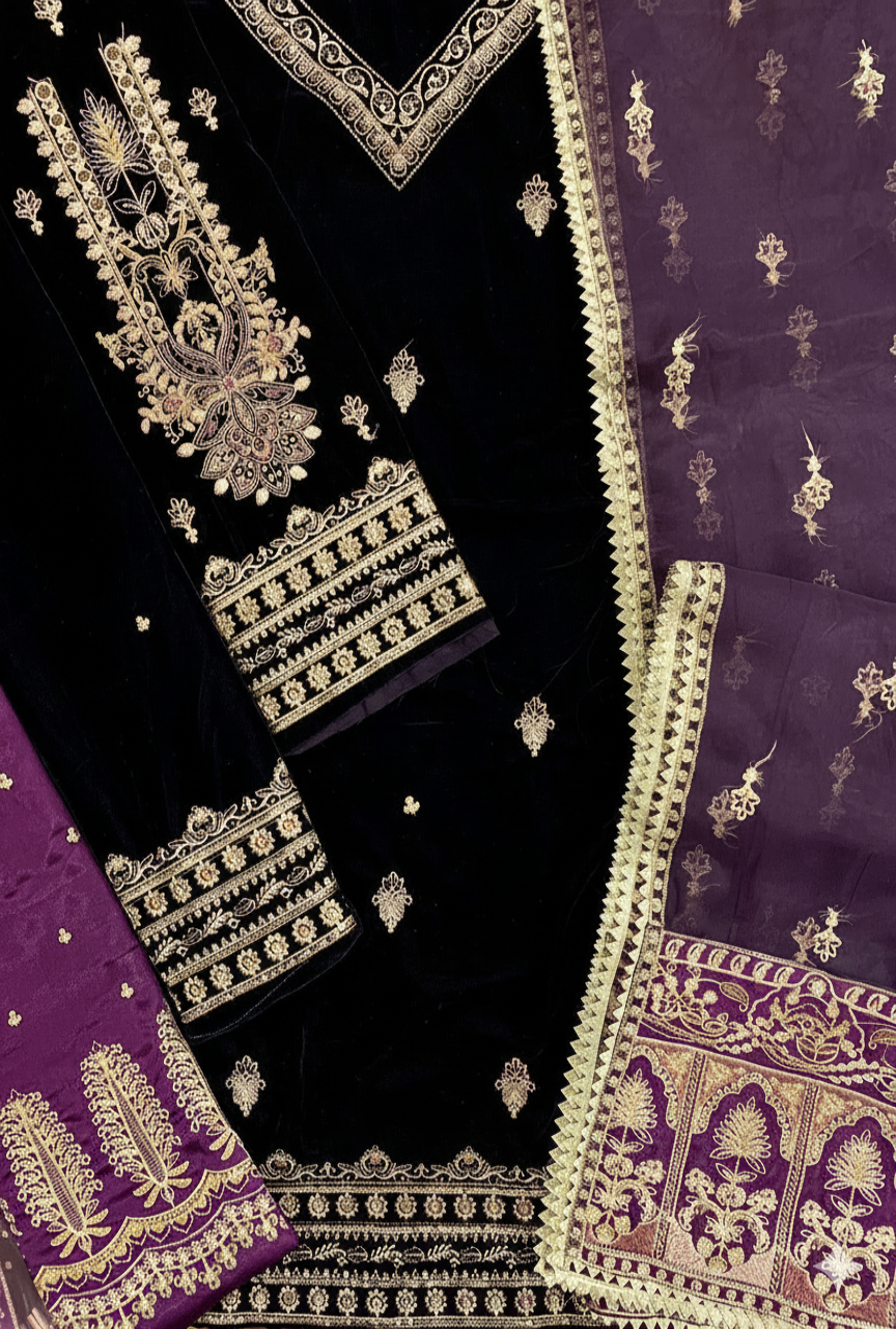 3 Piece Unstitched Heavy Embroidered Velvet Suit with Heavy Embroidered Organza Dupatta