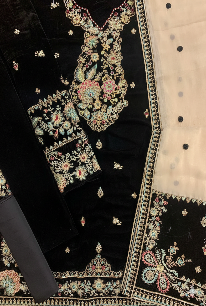 Velvet Heavy Embroidered 3-Piece Suit with Mysori Dupatta