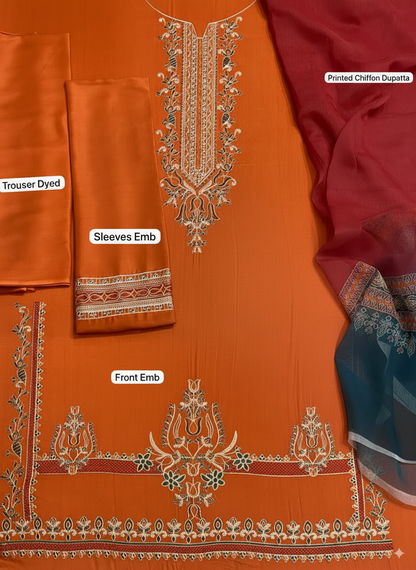Embroidered Linen 3Pc Suit with Printed Chiffon Dupatta – Winter Collection