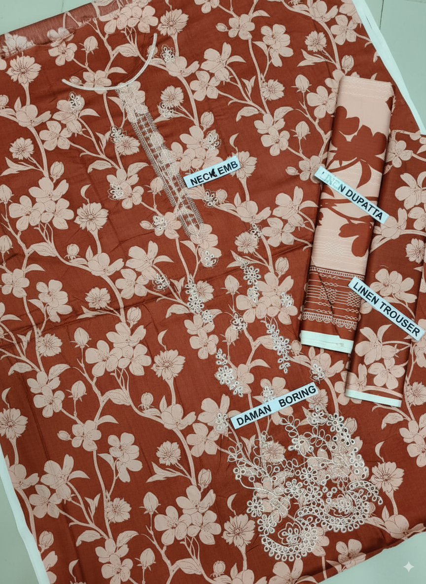 Premium Embroidered Linen 3-Piece Suit – Maria B | Baroque | Cross Stitch | Alkaram Inspired – Winter Collection 2025