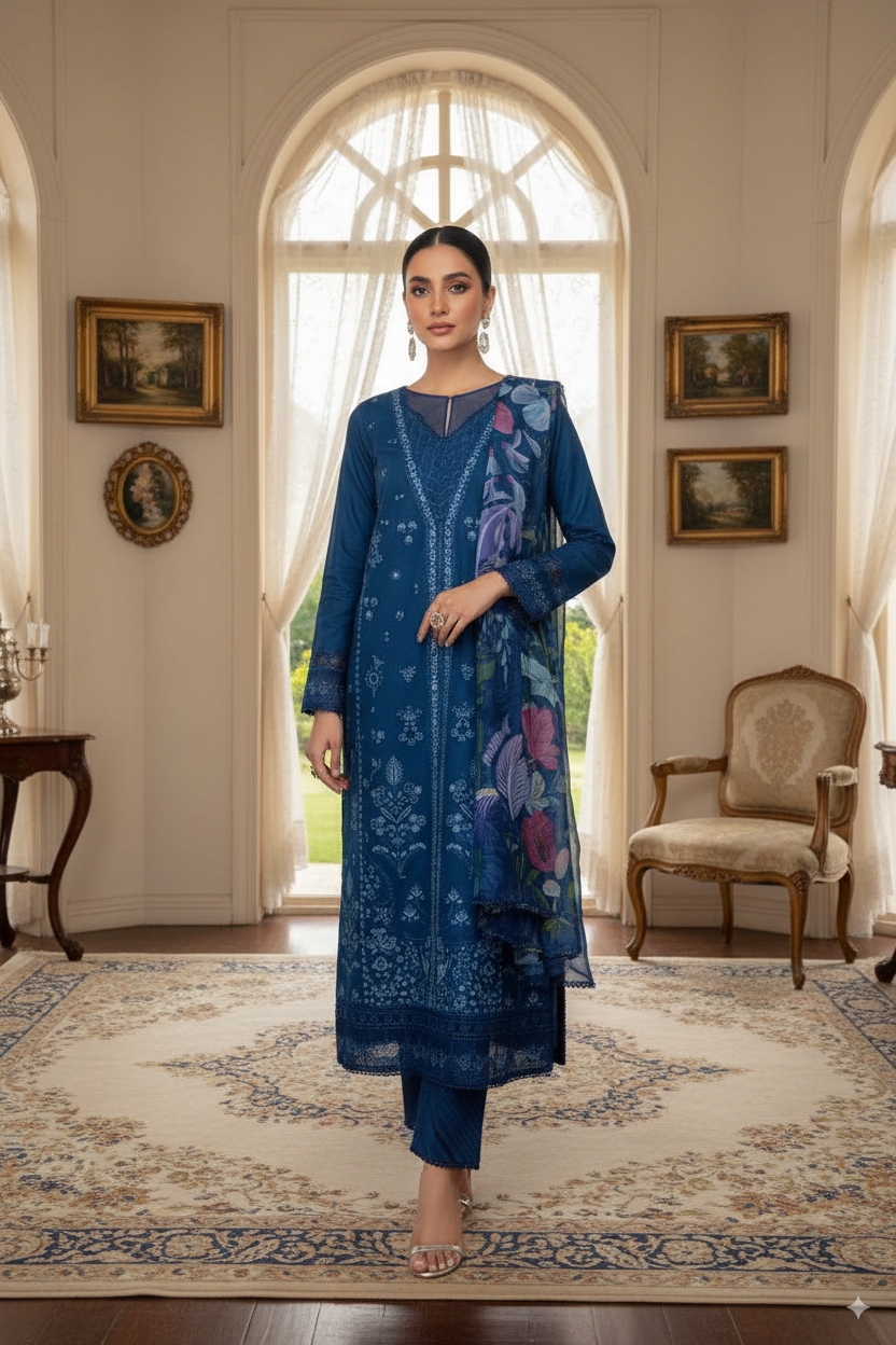 Maria B Dhanak Collection – Luxury Embroidered 3-Piece Suit with Digital Print Wool Shawl