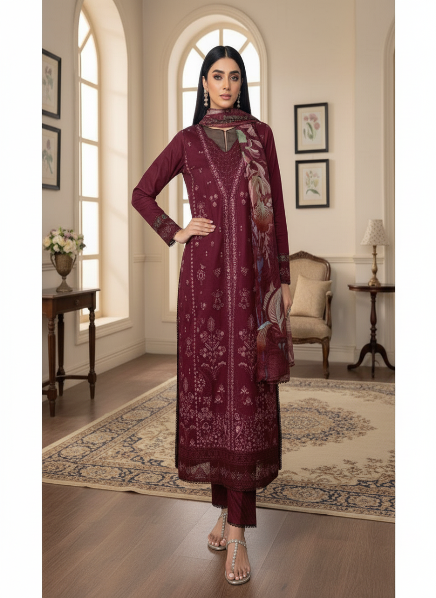 Maria B Dhanak Collection – Luxury Embroidered 3-Piece Suit with Digital Print Wool Shawl