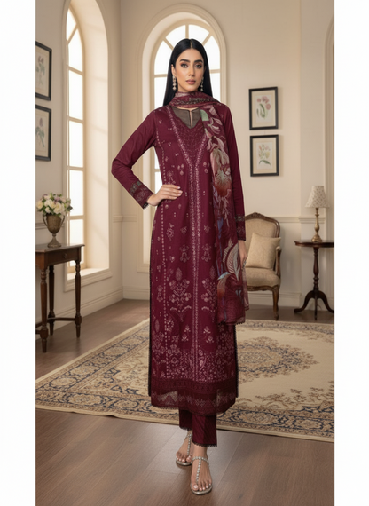 Maria B Dhanak Collection – Luxury Embroidered 3-Piece Suit with Digital Print Wool Shawl