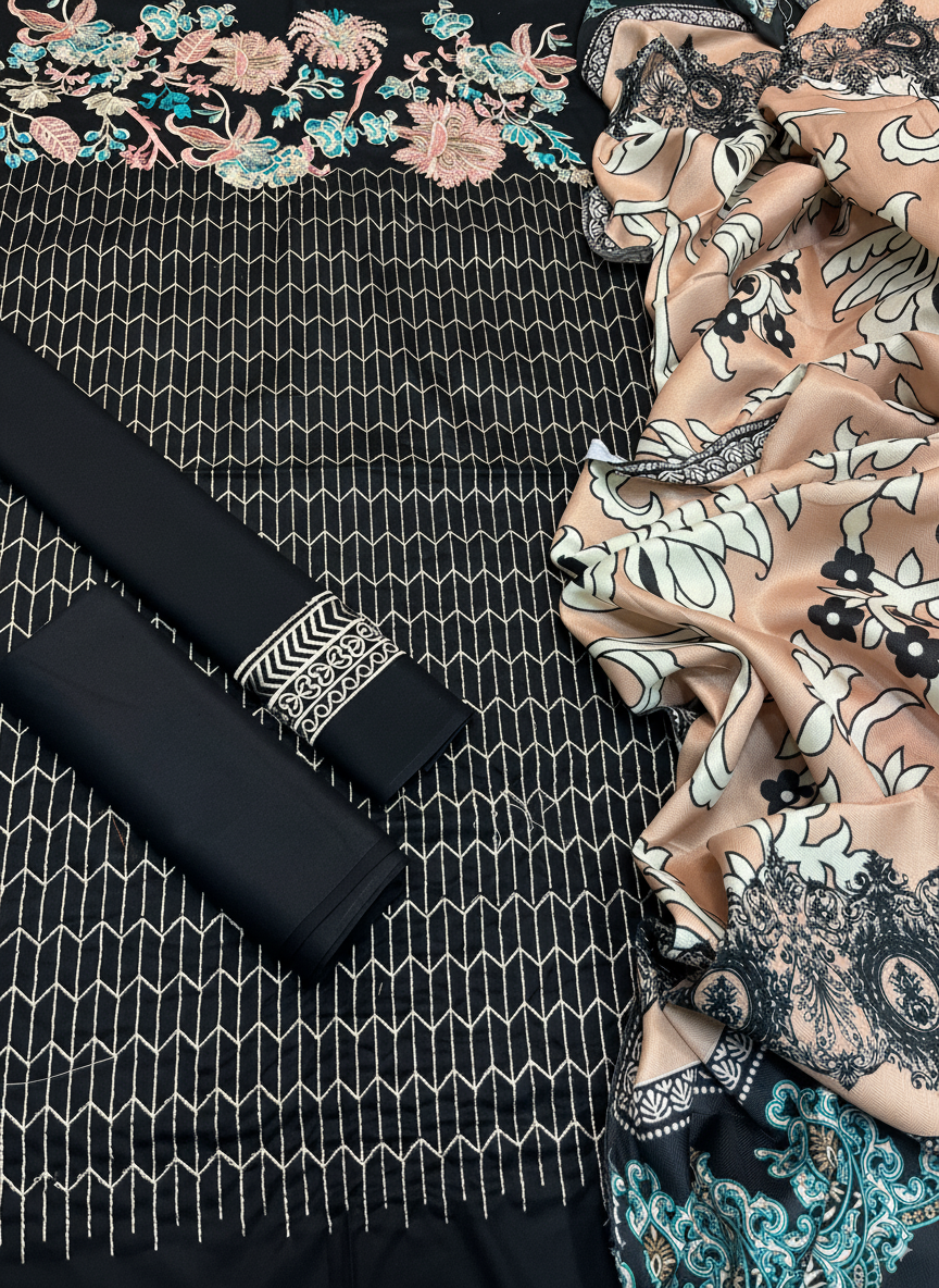 3-Piece Embroidered Suit with Pashmina Wool Shawl