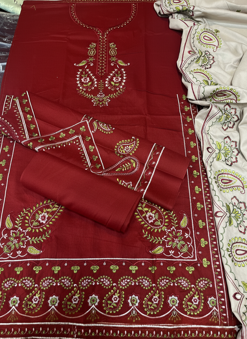 3-Piece Embroidered Suit with Heavy Dhanak Shawl