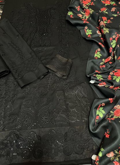3-Piece Embroidered Suit with Pashmina Printed Shawl
