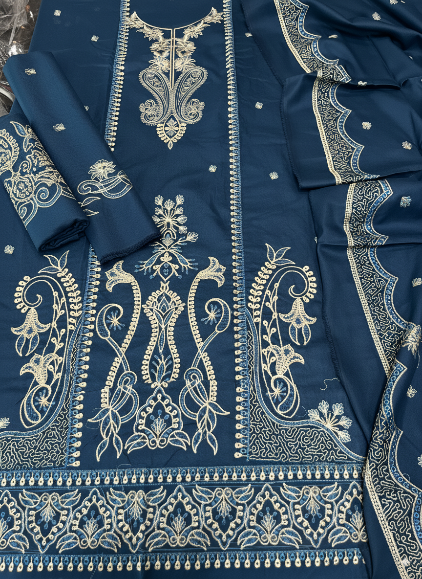 3-Piece Embroidered Suit with Heavy Dhanak Shawl