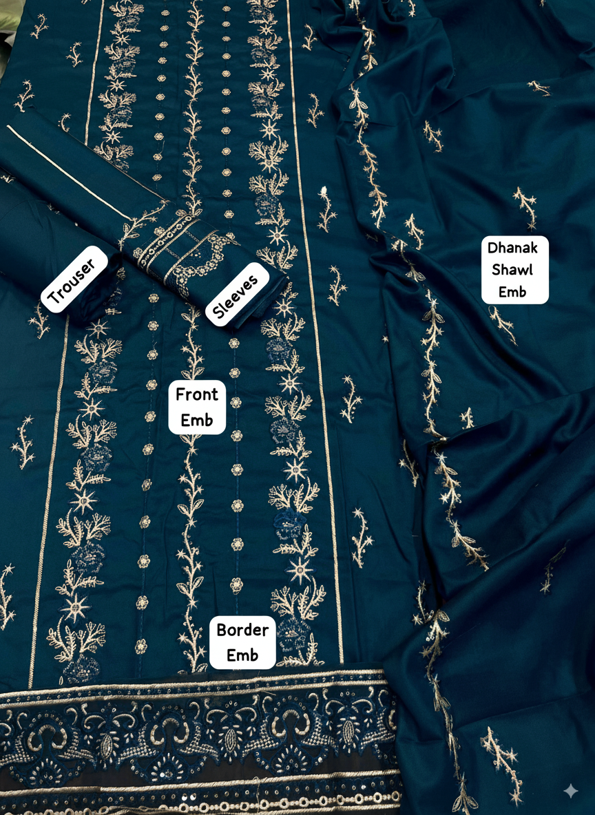 3-Piece Suit with Embroidered Dhanak Shawl