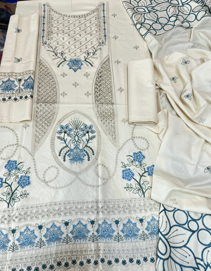 Dhanak 3 Piece Embroidered Suit with Heavy Shawl