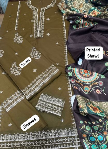 Dhanak 3 Piece Suit with Pashmina Wool Printed Shawl