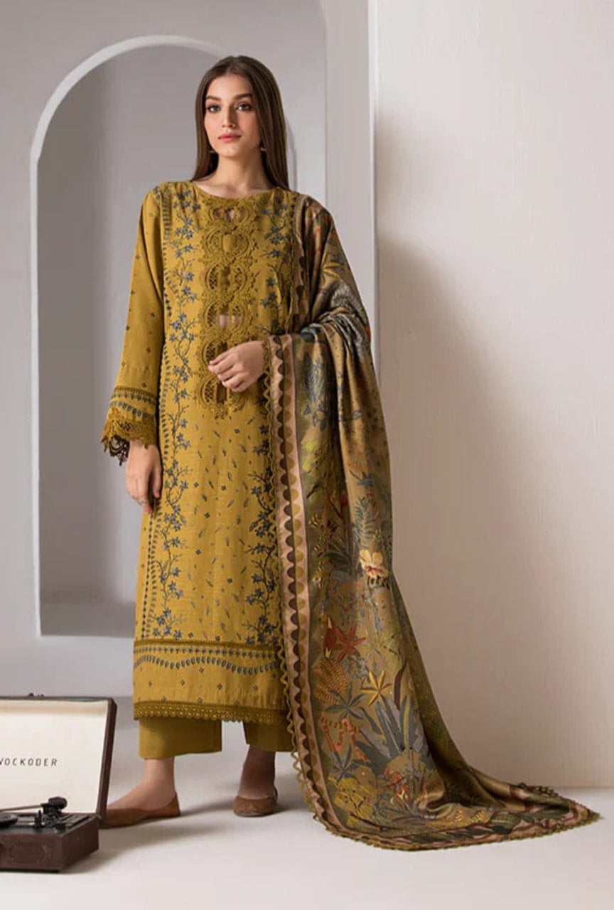 Unstitched 3 Piece Fully Embroided Dhanak suit With Printed Woolen Shawl
