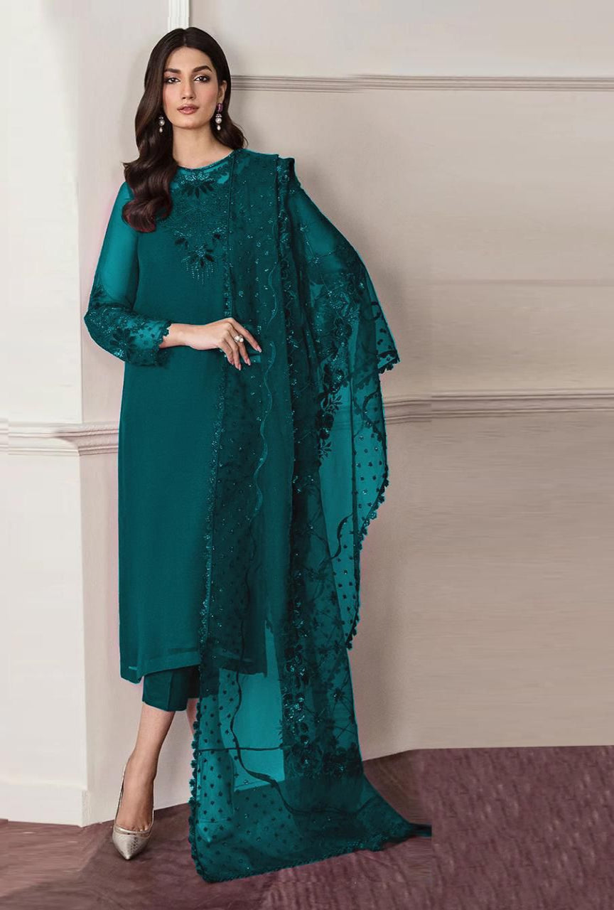 Chiffon 3PC Suit with Embroidered Organza Dupatta