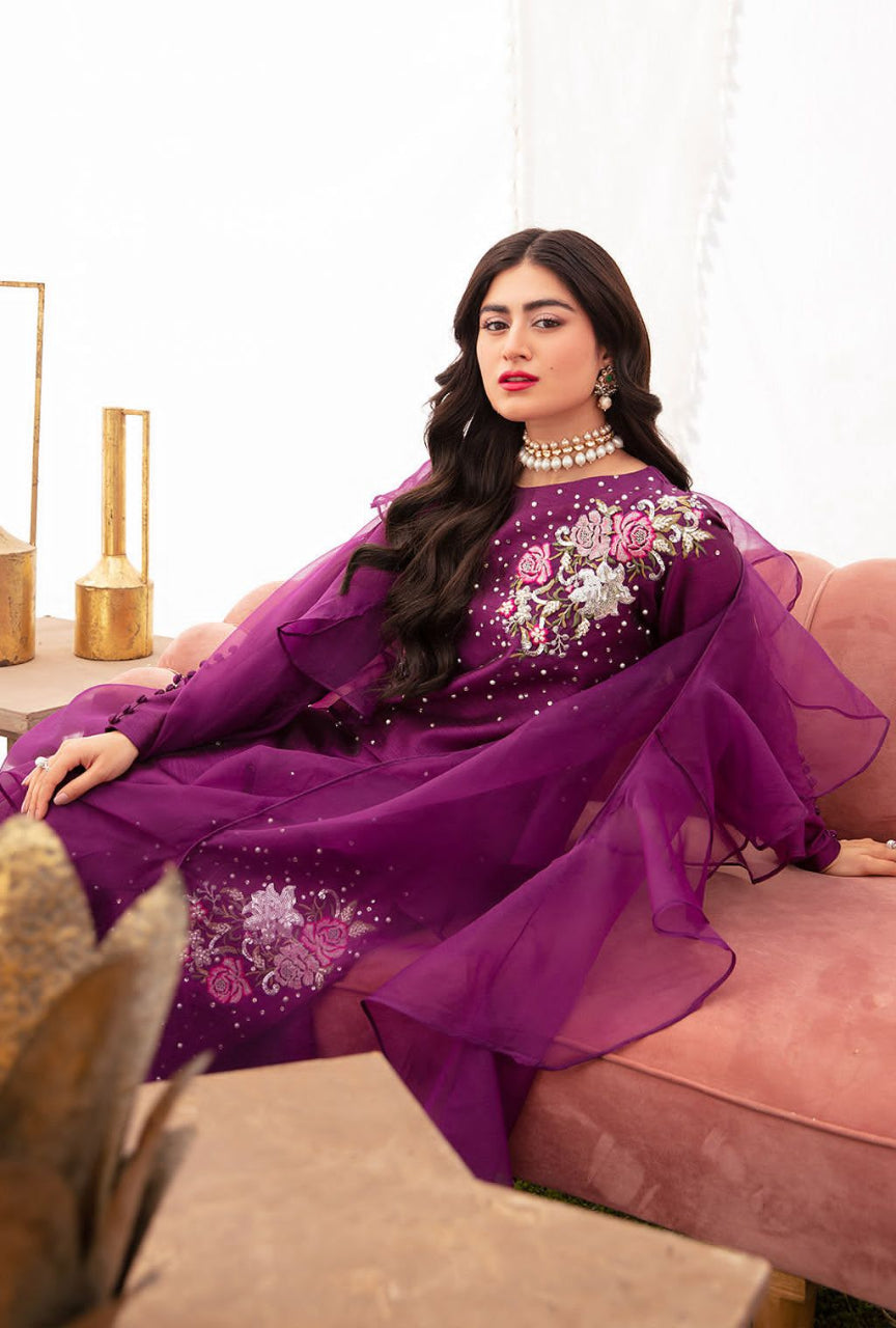 Raw Silk 3-Piece Suit with Organza Dupatta & Sequence Adda Work