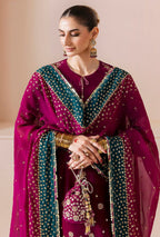 Embroidered Velvet Ensemble with Chiffon Dupatta & Satin Silk Trouser