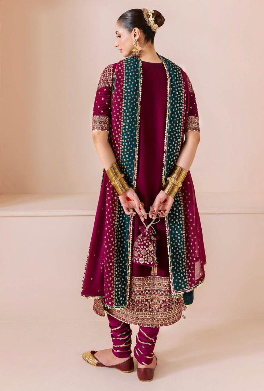Embroidered Velvet Ensemble with Chiffon Dupatta & Satin Silk Trouser