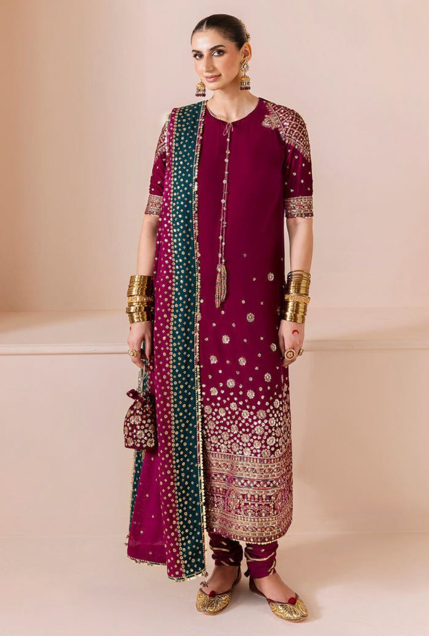 Embroidered Velvet Ensemble with Chiffon Dupatta & Satin Silk Trouser