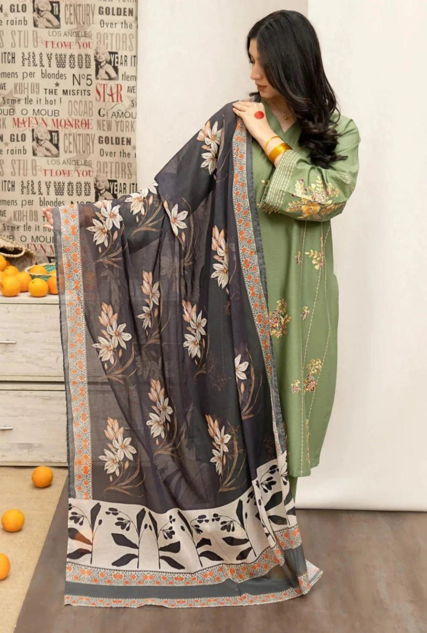 Embroidered Dhanak Digital Printed 3-Piece Unstitched Suit