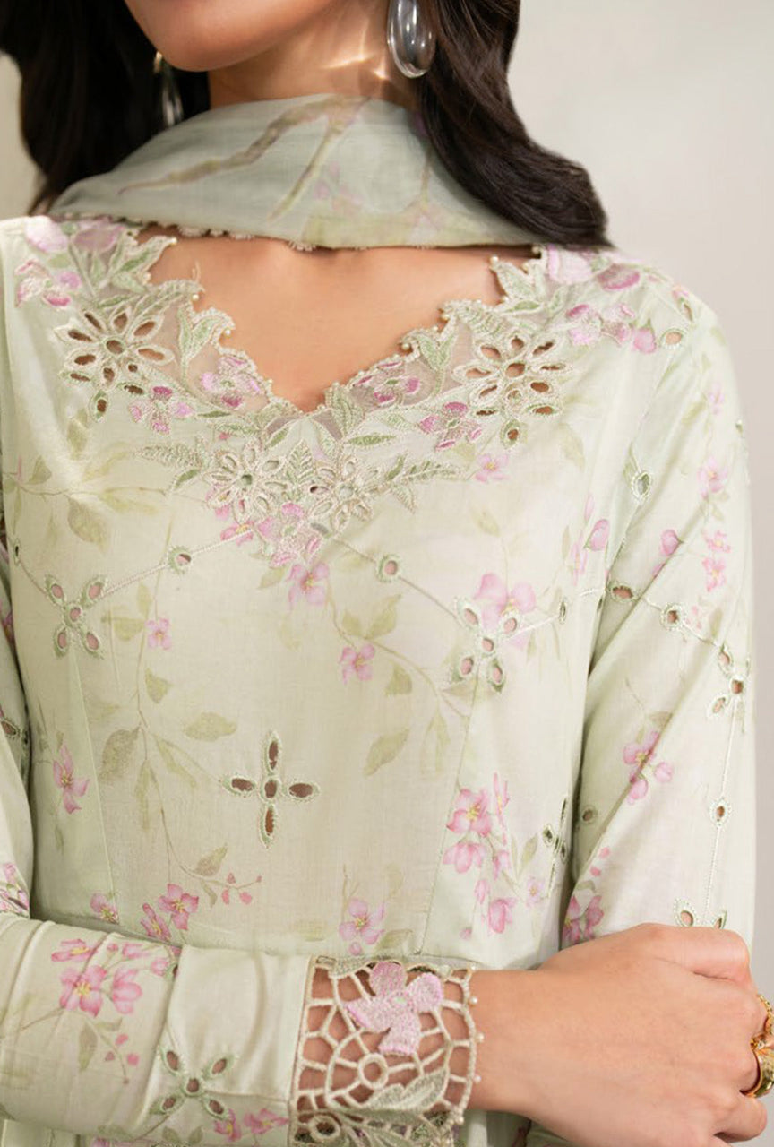 Light green floral embroidered blouse with intricate patterns