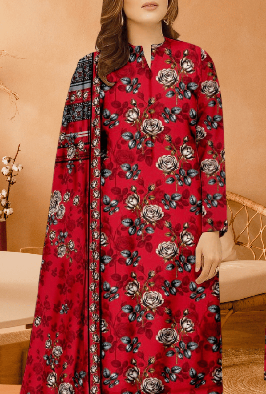 Red floral dress with matching dupatta on a neutral background