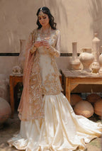 Woman in a traditional outfit with intricate designs standing in a rustic setting.