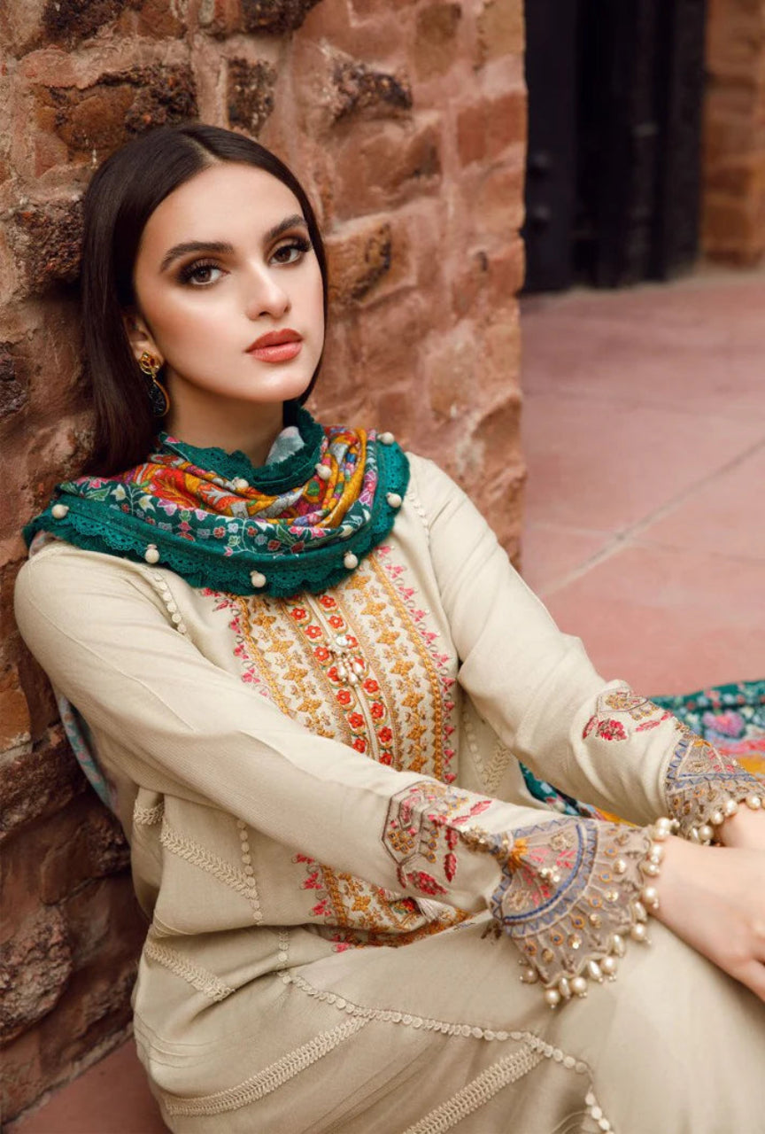 3 Piece Unstitched Heavy Embroidered Dhanak Suit with Printed Woolen Shawl