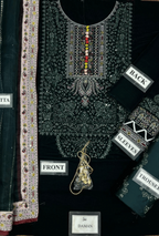 Traditional outfit with labeled parts on a black background