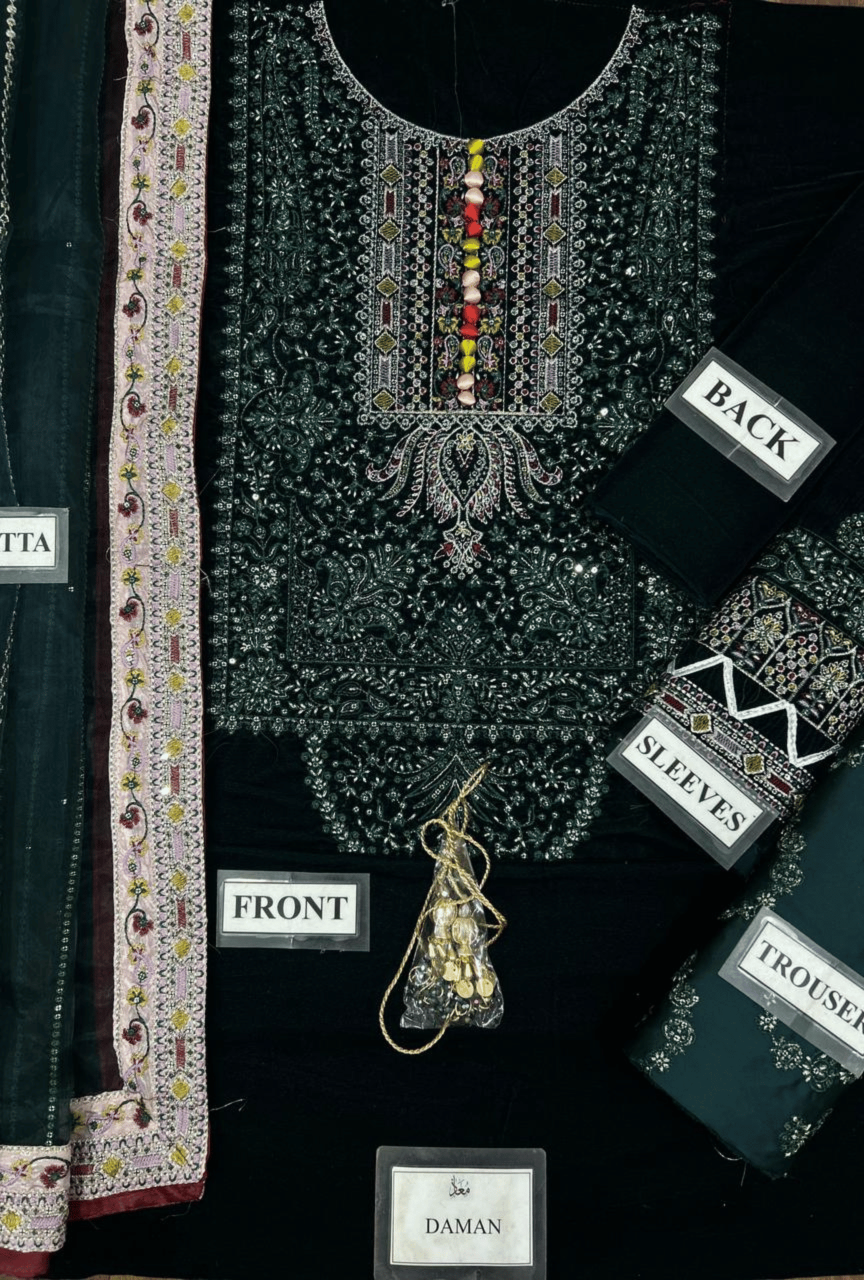 Traditional outfit with labeled parts on a black background