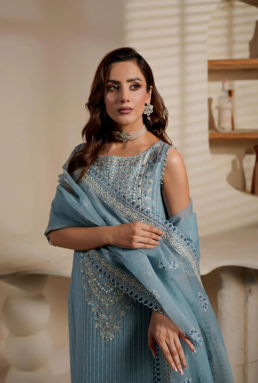 Woman wearing a light blue embroidered dress with a matching shawl indoors.
