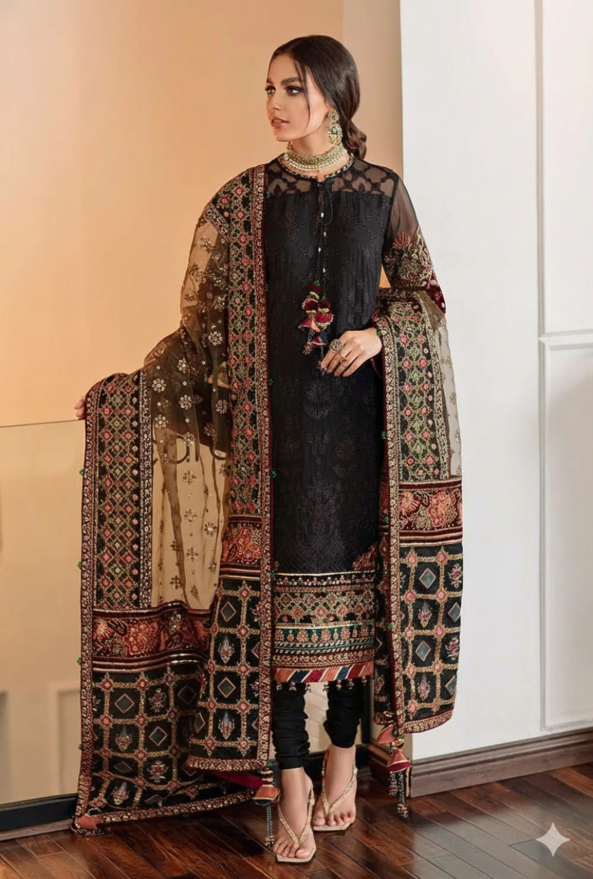 Woman wearing a traditional outfit with a patterned dupatta in an indoor setting